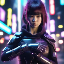 Craft a hyper-realistic, 4K image of a pretty, young Japanese girl, in a cyberpunk universe, showing off her fighting skills while wielding gauntlets