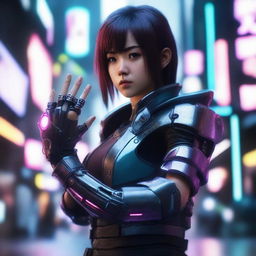 Craft a hyper-realistic, 4K image of a pretty, young Japanese girl, in a cyberpunk universe, showing off her fighting skills while wielding gauntlets