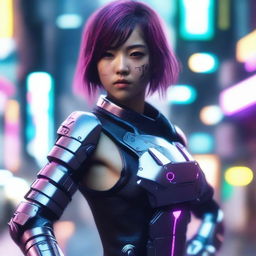 Craft a hyper-realistic, 4K image of a pretty, young Japanese girl, in a cyberpunk universe, showing off her fighting skills while wielding gauntlets