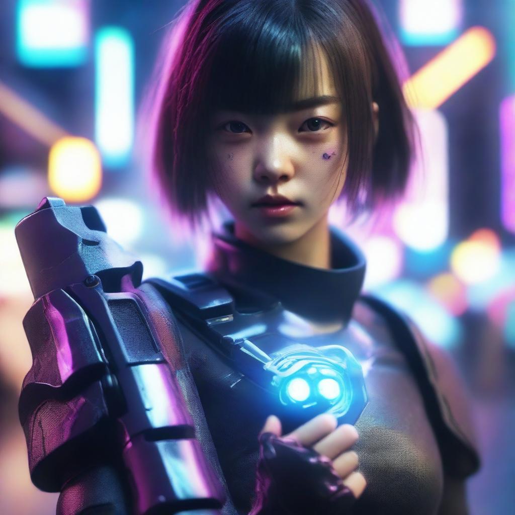 Craft a hyper-realistic, 4K image of a pretty, young Japanese girl, in a cyberpunk universe, showing off her fighting skills while wielding gauntlets