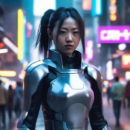 Produce a hyper-realistic, 4K image of a pretty, young Chinese girl embodying the cyberpunk style and courageously battling with gauntlets