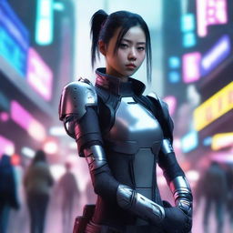 Produce a hyper-realistic, 4K image of a pretty, young Chinese girl embodying the cyberpunk style and courageously battling with gauntlets