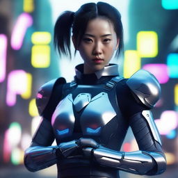 Produce a hyper-realistic, 4K image of a pretty, young Chinese girl embodying the cyberpunk style and courageously battling with gauntlets