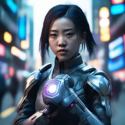 Produce a hyper-realistic, 4K image of a pretty, young Chinese girl embodying the cyberpunk style and courageously battling with gauntlets