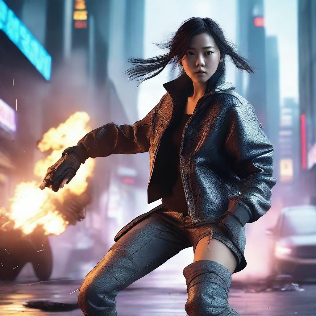 Generate a hyper-realistic, 4K image of a pretty young Korean girl in a cyberpunk environment, fighting fearlessly as a gas tank explodes dramatically in the backdrop