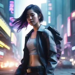 Generate a hyper-realistic, 4K image of a pretty young Korean girl in a cyberpunk environment, fighting fearlessly as a gas tank explodes dramatically in the backdrop