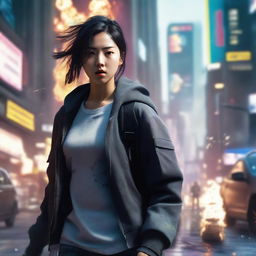 Generate a hyper-realistic, 4K image of a pretty young Korean girl in a cyberpunk environment, fighting fearlessly as a gas tank explodes dramatically in the backdrop