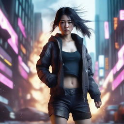 Generate a hyper-realistic, 4K image of a pretty young Korean girl in a cyberpunk environment, fighting fearlessly as a gas tank explodes dramatically in the backdrop