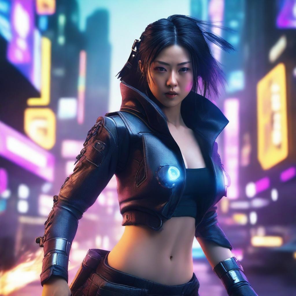 Create a hyper-realistic, 4K image of a pretty, young Korean girl in cyberpunk attire, displaying her fighting skills like a samurai as a gas tank explodes dramatically in the background