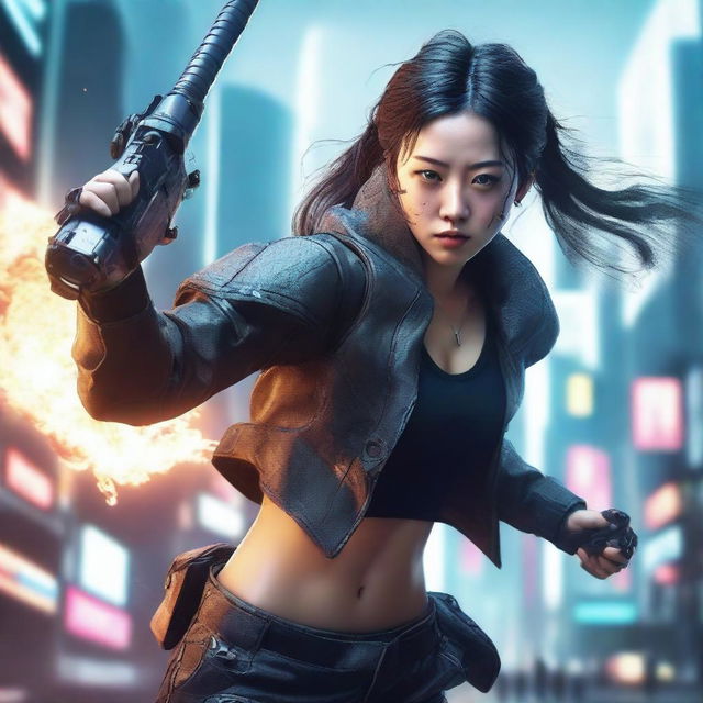 Create a hyper-realistic, 4K image of a pretty, young Korean girl in cyberpunk attire, displaying her fighting skills like a samurai as a gas tank explodes dramatically in the background