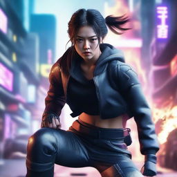 Create a hyper-realistic, 4K image of a pretty, young Korean girl in cyberpunk attire, displaying her fighting skills like a samurai as a gas tank explodes dramatically in the background