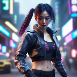 Create a hyper-realistic, 4K image of a pretty, young Korean girl in cyberpunk attire, displaying her fighting skills like a samurai as a gas tank explodes dramatically in the background