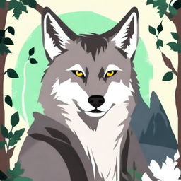 Create an image featuring a mysterious character named Wolf Seera, combining elements of a wild wolf and serene nature.