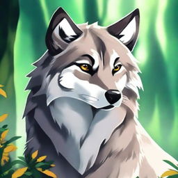 Create an image featuring a mysterious character named Wolf Seera, combining elements of a wild wolf and serene nature.