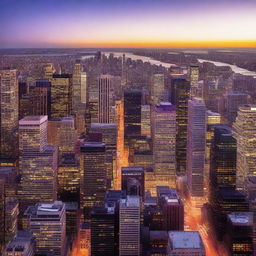 A vibrant, bustling cityscape at sunset, as seen from a bird's eye view