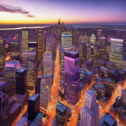 A vibrant, bustling cityscape at sunset, as seen from a bird's eye view