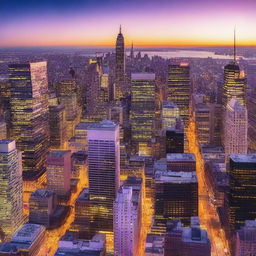 A vibrant, bustling cityscape at sunset, as seen from a bird's eye view