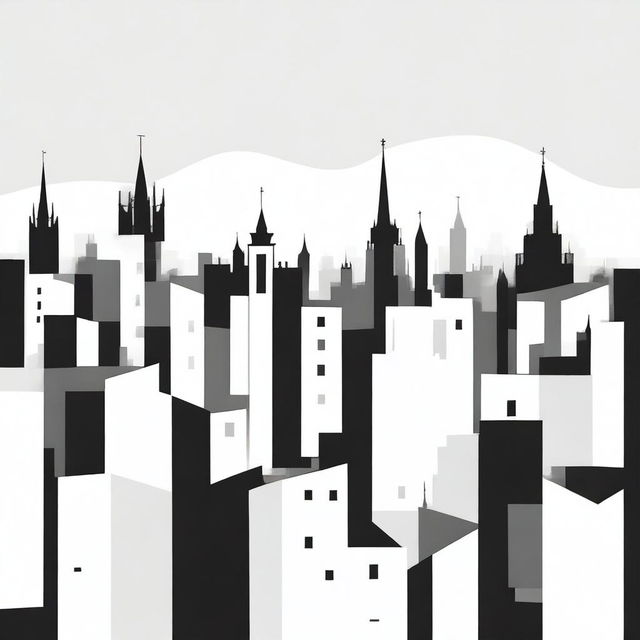 A dynamic, minimalist image of Tallinn cityscape in black and white, applying abstract expressionism styling reminiscent of Egon Schiele, all set against a pure white background