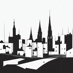 A dynamic, minimalist image of Tallinn cityscape in black and white, applying abstract expressionism styling reminiscent of Egon Schiele, all set against a pure white background