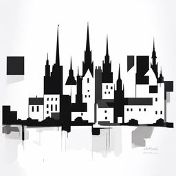 A dynamic, minimalist image of Tallinn cityscape in black and white, applying abstract expressionism styling reminiscent of Egon Schiele, all set against a pure white background