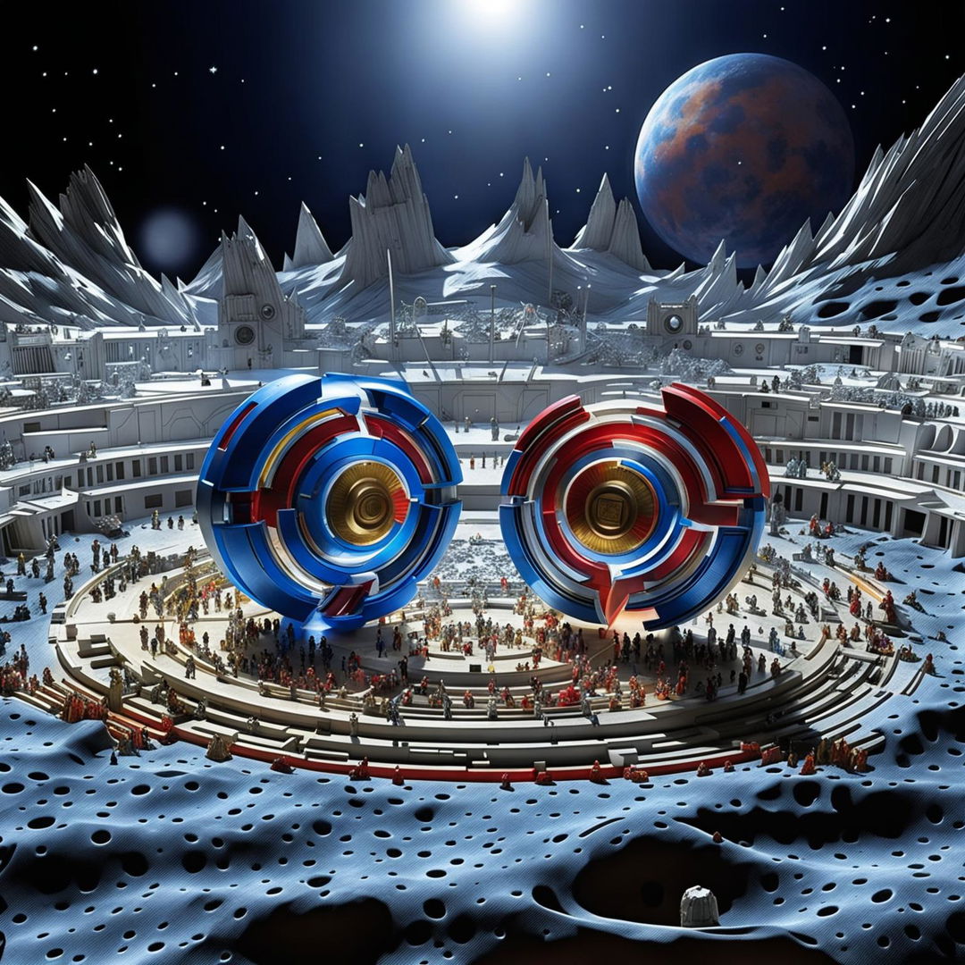 Two giant Beyblades battling in a galactic stadium carved into the Moon's surface under a star-studded sky.