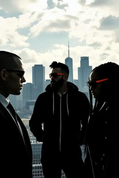 A dramatic cityscape featuring three stylish individuals standing on a rooftop with a skyline in the background