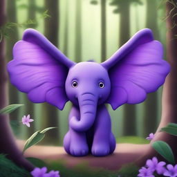 A purple elephant with ears like wings, situated in a forest filled with fantastical vegetation.