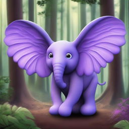 A purple elephant with ears like wings, situated in a forest filled with fantastical vegetation.