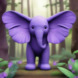 A purple elephant with ears like wings, situated in a forest filled with fantastical vegetation.