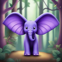 A purple elephant with ears like wings, situated in a forest filled with fantastical vegetation.