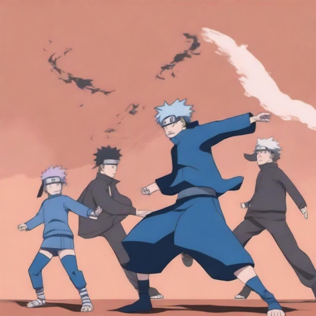 Modify the Naruto battle scene image to have a predominately blue color palette.