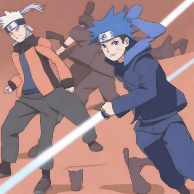 Modify the Naruto battle scene image to have a predominately blue color palette.