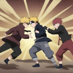 Alter the Naruto battle scene image to show Naruto engaged in an intense fight with Gaara, both demonstrating their unique abilities