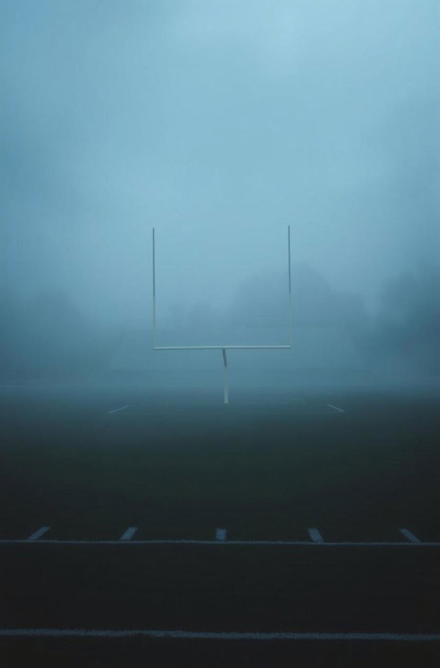 A foggy football field at dusk, featuring a solitary goalpost standing in the mist