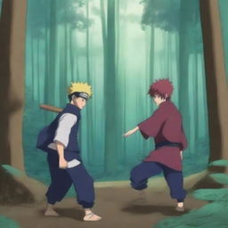 Change the setting of the Naruto and Gaara fight scene to a dense and mystic forest while preserving the blue color palette.