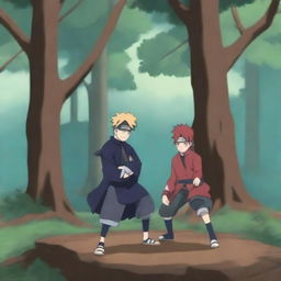 Change the setting of the Naruto and Gaara fight scene to a dense and mystic forest while preserving the blue color palette.