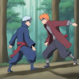 Change the setting of the Naruto and Gaara fight scene to a dense and mystic forest while preserving the blue color palette.