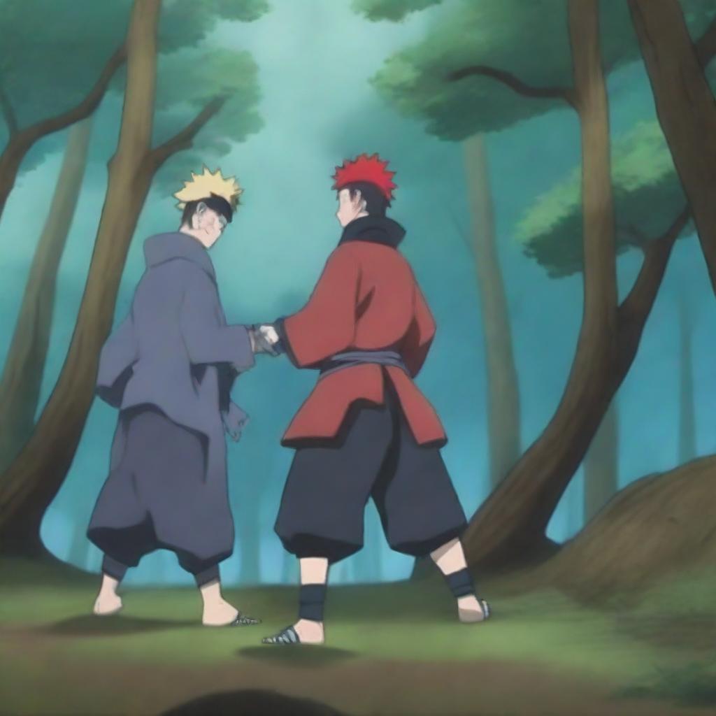 Change the setting of the Naruto and Gaara fight scene to a dense and mystic forest while preserving the blue color palette.