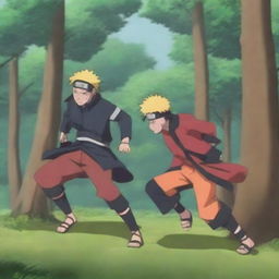 Incorporate a third character from Naruto into the forest fight scene, observing Naruto and Gaara alongside them as they battle