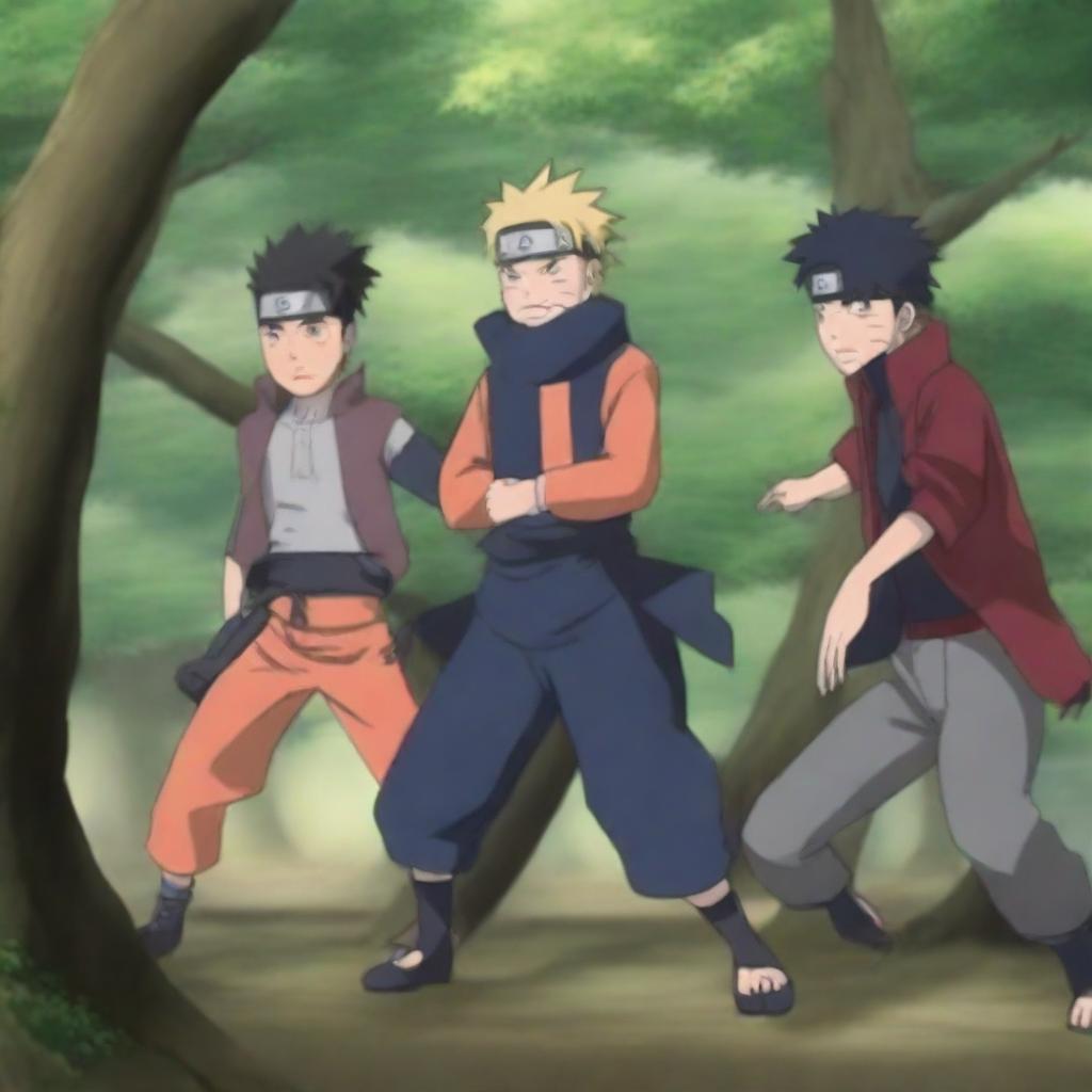 Incorporate a third character from Naruto into the forest fight scene, observing Naruto and Gaara alongside them as they battle