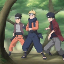 Incorporate a third character from Naruto into the forest fight scene, observing Naruto and Gaara alongside them as they battle