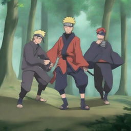 Incorporate a third character from Naruto into the forest fight scene, observing Naruto and Gaara alongside them as they battle