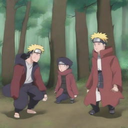 Incorporate a third character from Naruto into the forest fight scene, observing Naruto and Gaara alongside them as they battle