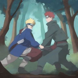 Increase the brightness of the Naruto, Gaara, and the third character's forest fight scene, adding luminosity while maintaining the blue palette