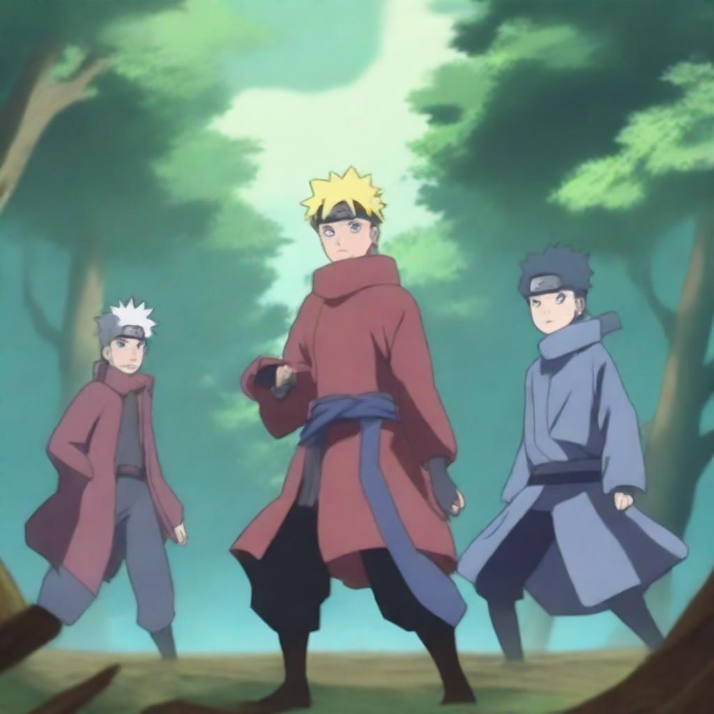 Increase the brightness of the Naruto, Gaara, and the third character's forest fight scene, adding luminosity while maintaining the blue palette