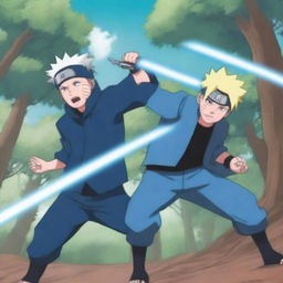 Transform the bright, blue-toned Naruto forest fight scene into the style of an action-packed panel from a Naruto manga volume