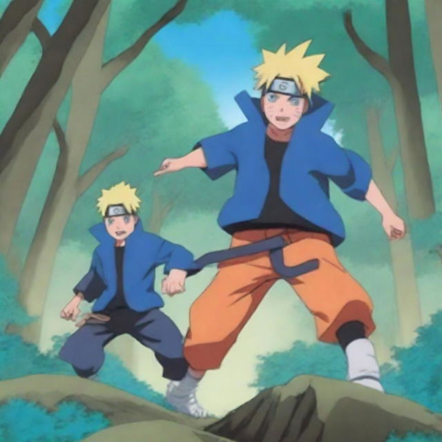 Transform the bright, blue-toned Naruto forest fight scene into the style of an action-packed panel from a Naruto manga volume