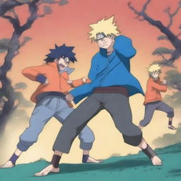 Transform the bright, blue-toned Naruto forest fight scene into the style of an action-packed panel from a Naruto manga volume