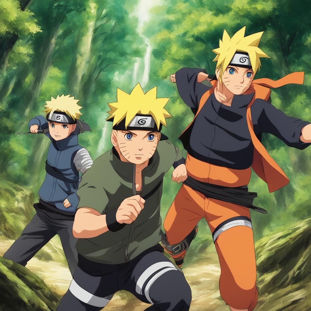 Enhance the resolution of the manga-style Naruto forest fight scene, making it high-definition while preserving all the existing elements