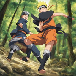 Enhance the resolution of the manga-style Naruto forest fight scene, making it high-definition while preserving all the existing elements